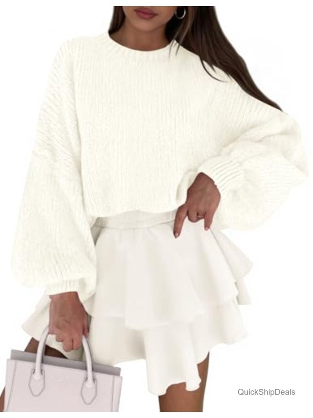 Chunky Knit Oversized Pullover Sweater Lantern Sleeve Crewneck